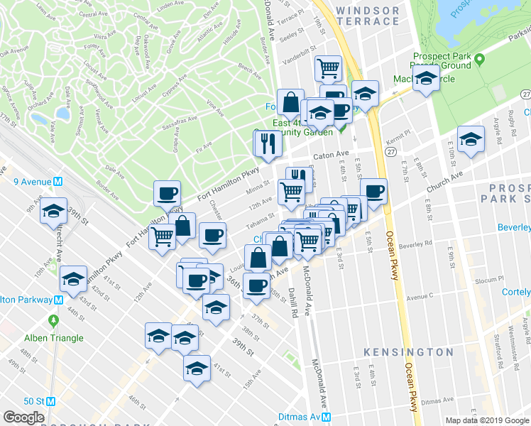 map of restaurants, bars, coffee shops, grocery stores, and more near 1725 12th Avenue in Brooklyn