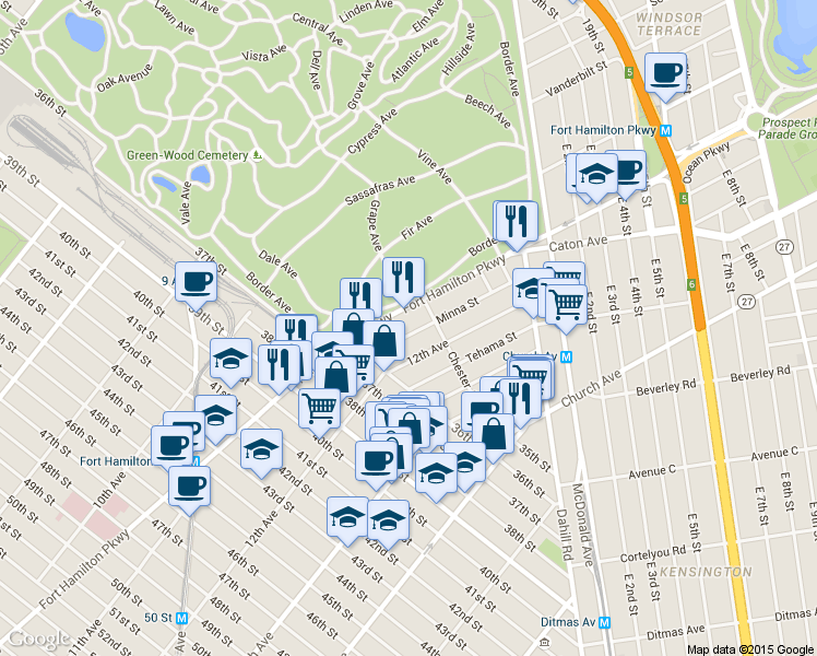 map of restaurants, bars, coffee shops, grocery stores, and more near 3461 Fort Hamilton Parkway in Brooklyn