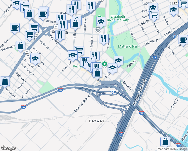 map of restaurants, bars, coffee shops, grocery stores, and more near 542 Richmond Street in Elizabeth