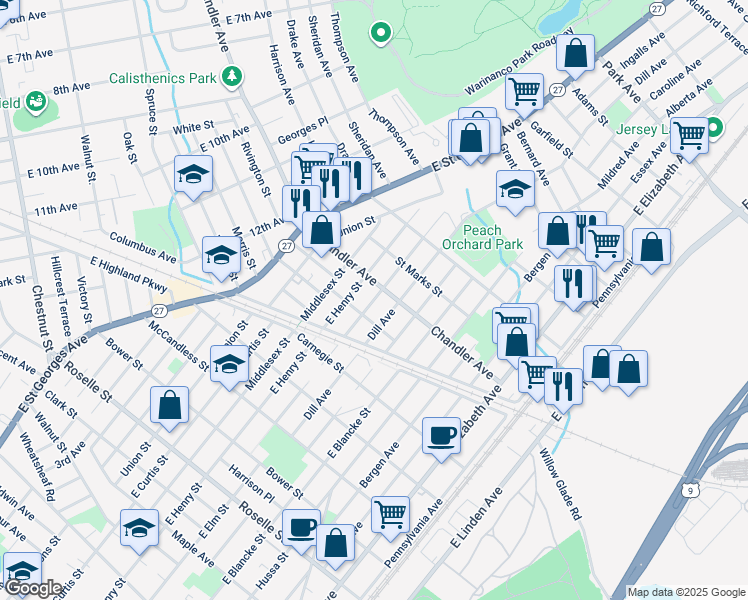 map of restaurants, bars, coffee shops, grocery stores, and more near 804 Chandler Avenue in Linden