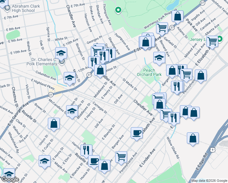 map of restaurants, bars, coffee shops, grocery stores, and more near 804 Chandler Avenue in Linden