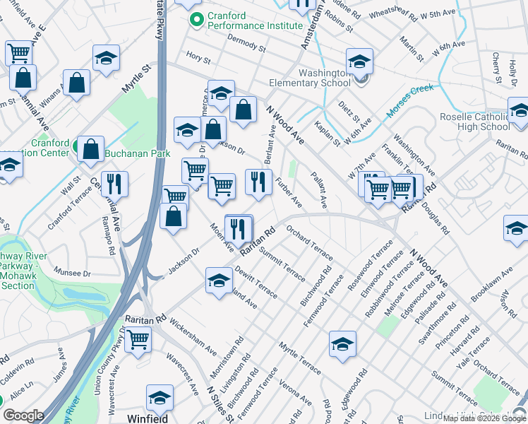 map of restaurants, bars, coffee shops, grocery stores, and more near 50 Jackson Drive in Cranford
