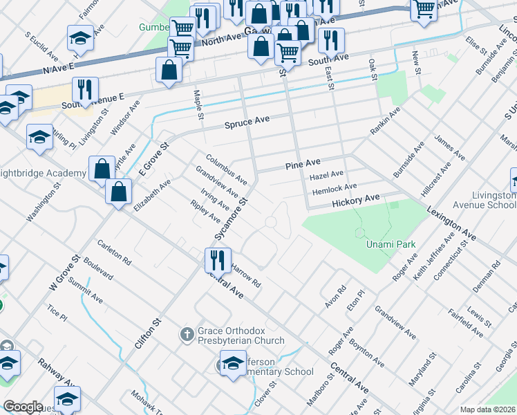 map of restaurants, bars, coffee shops, grocery stores, and more near 1106 Columbus Avenue in Westfield