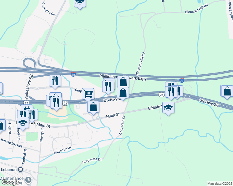map of restaurants, bars, coffee shops, grocery stores, and more near 1180 U.S. 22 in Lebanon