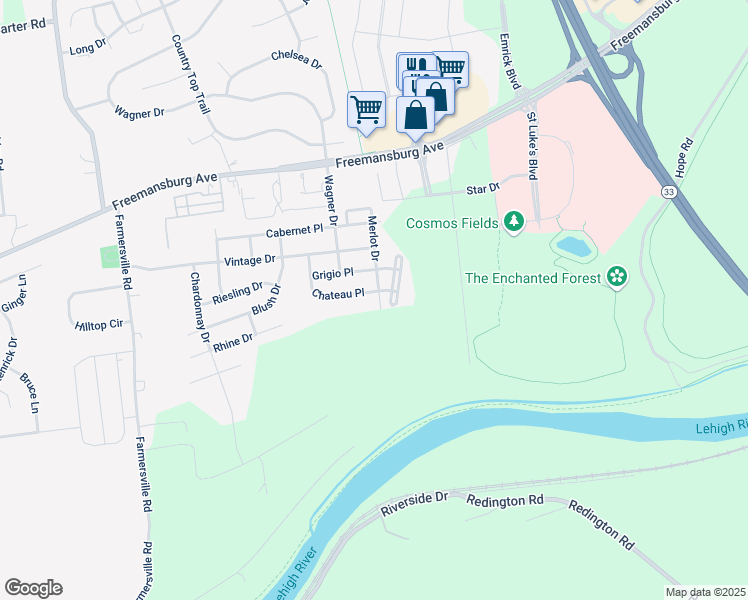 map of restaurants, bars, coffee shops, grocery stores, and more near 1790 Chateau Place in Easton
