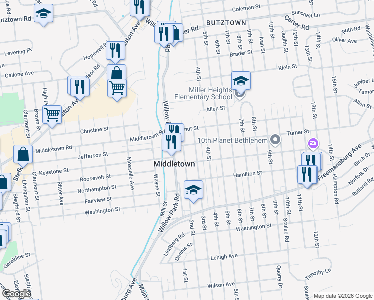 map of restaurants, bars, coffee shops, grocery stores, and more near 2030 2nd Street in Bethlehem