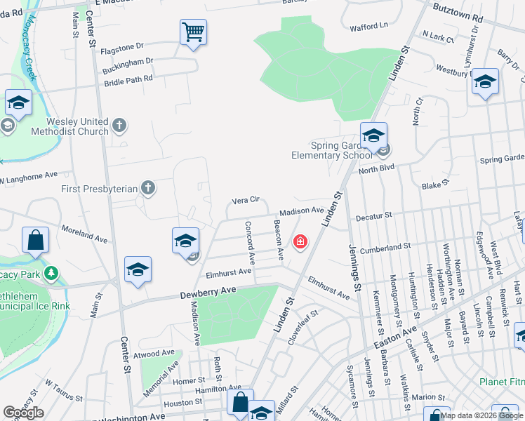 map of restaurants, bars, coffee shops, grocery stores, and more near 537 Vera Circle in Bethlehem