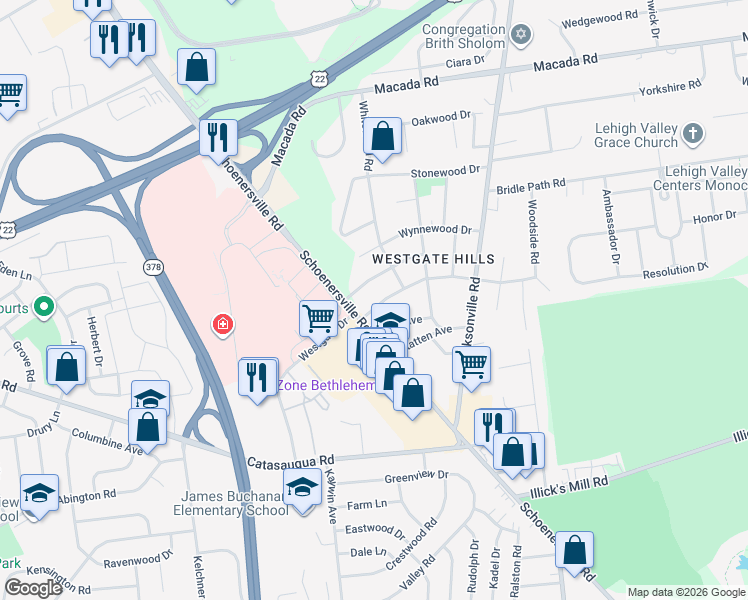 map of restaurants, bars, coffee shops, grocery stores, and more near 1447 Roselawn Drive in Bethlehem