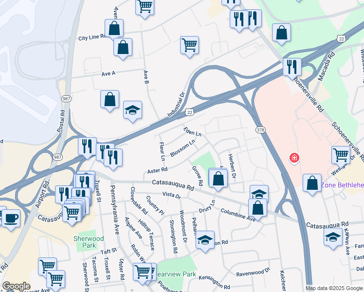 map of restaurants, bars, coffee shops, grocery stores, and more near 2109 Cypress Road in Bethlehem