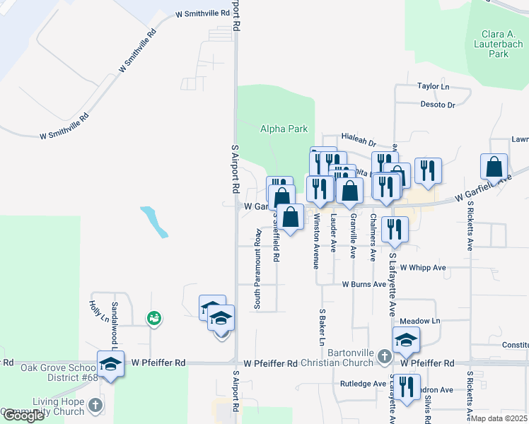 map of restaurants, bars, coffee shops, grocery stores, and more near 1587-1663 West Garfield Avenue in Bartonville
