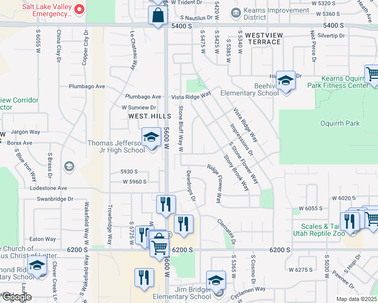 map of restaurants, bars, coffee shops, grocery stores, and more near 5850 Crest Flower Way in Kearns