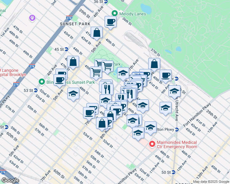 map of restaurants, bars, coffee shops, grocery stores, and more near 4401 7th Avenue in Brooklyn