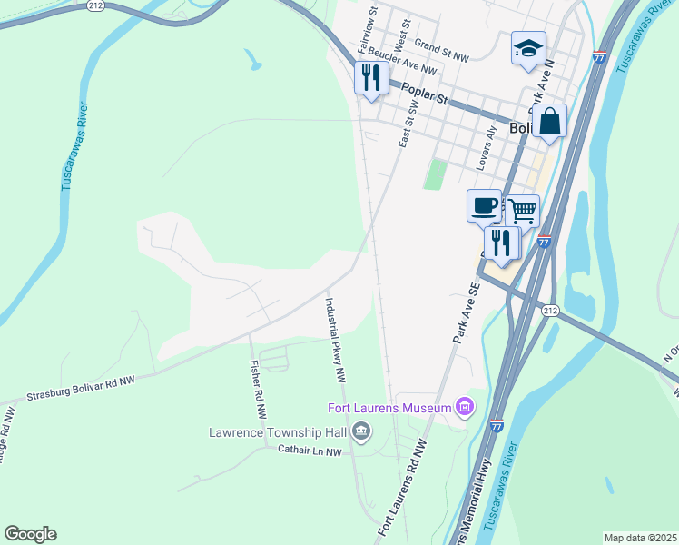 map of restaurants, bars, coffee shops, grocery stores, and more near 11762 Strasburg Bolivar Road Northwest in Bolivar