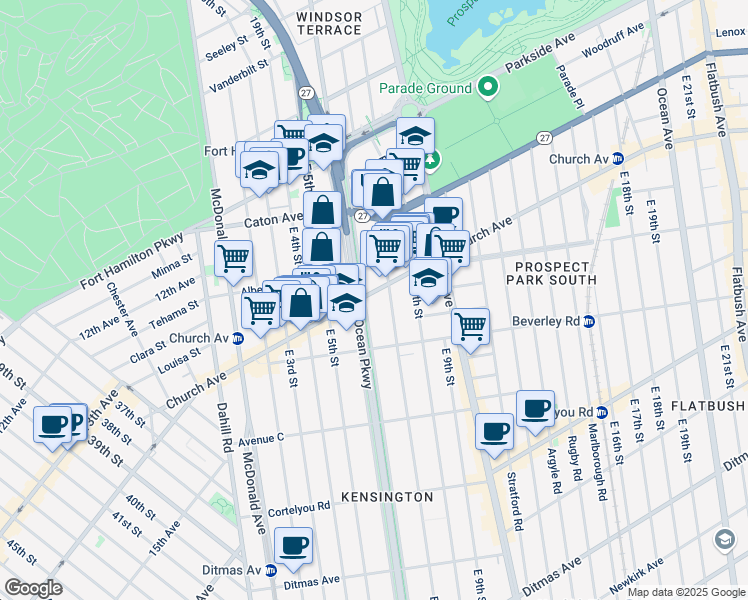 map of restaurants, bars, coffee shops, grocery stores, and more near 201 Ocean Parkway Service Road in Brooklyn
