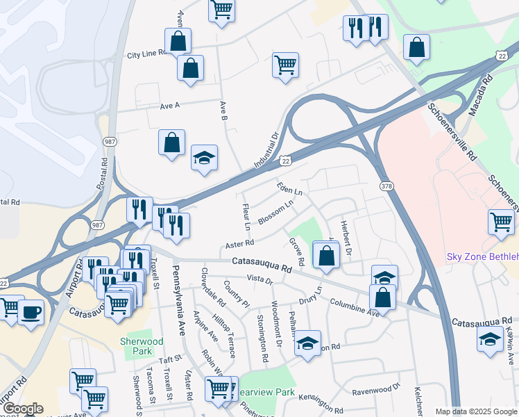 map of restaurants, bars, coffee shops, grocery stores, and more near 2145 Cypress Road in Bethlehem