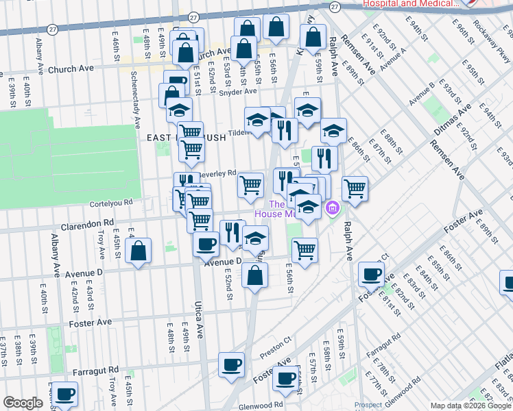 map of restaurants, bars, coffee shops, grocery stores, and more near 532 East 54th Street in Brooklyn