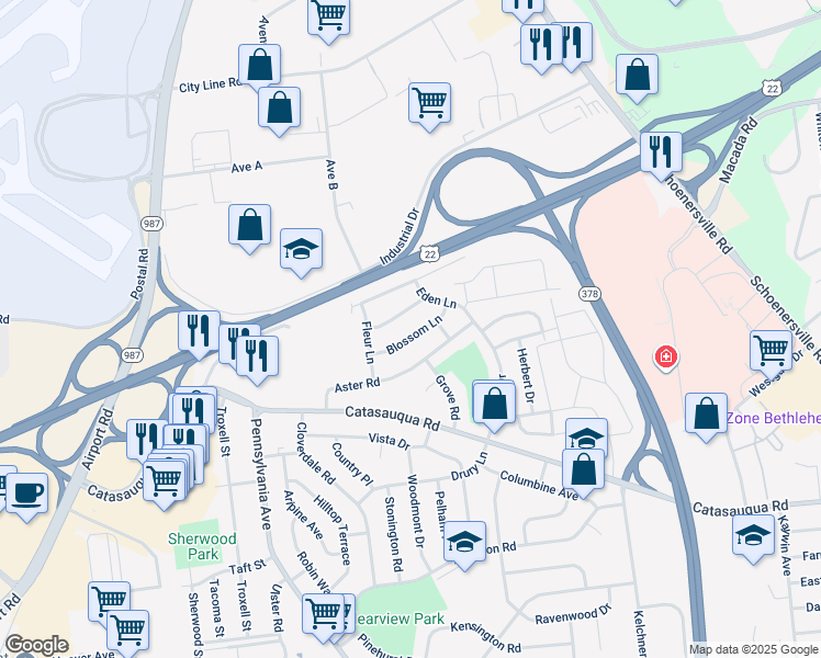 map of restaurants, bars, coffee shops, grocery stores, and more near 2109 Cypress Road in Bethlehem