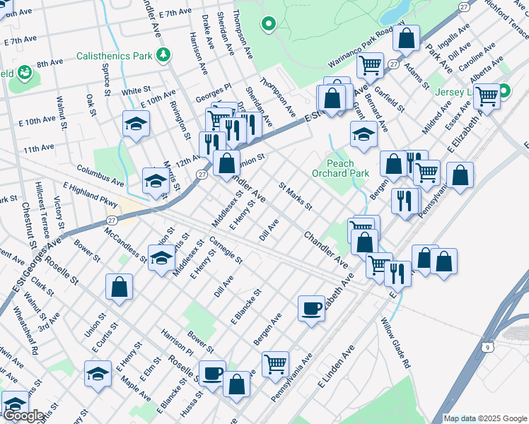 map of restaurants, bars, coffee shops, grocery stores, and more near 804 Chandler Avenue in Linden