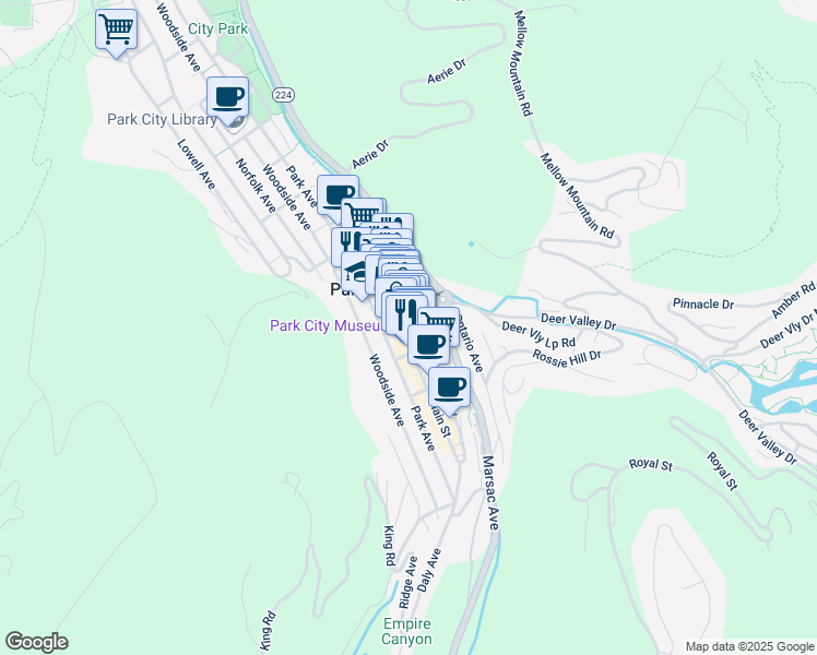 map of restaurants, bars, coffee shops, grocery stores, and more near 580 Main Street in Park City