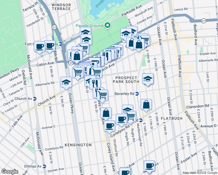 map of restaurants, bars, coffee shops, grocery stores, and more near 145 Westminster Road in Brooklyn