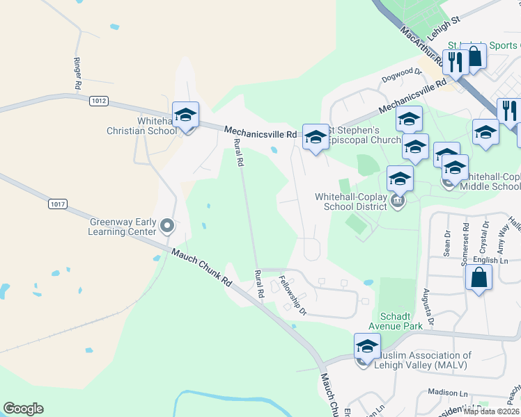 map of restaurants, bars, coffee shops, grocery stores, and more near 3907 Elizabeth Court in Whitehall