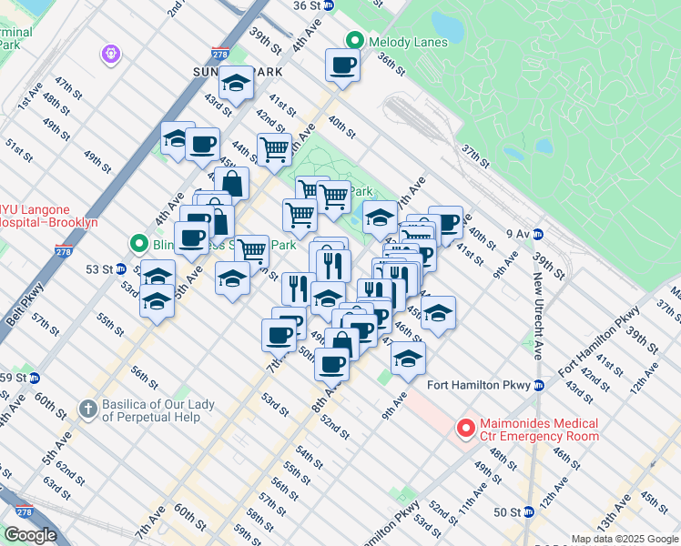map of restaurants, bars, coffee shops, grocery stores, and more near 4522 7th Avenue in Brooklyn