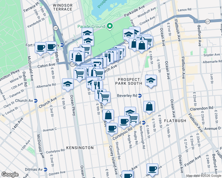 map of restaurants, bars, coffee shops, grocery stores, and more near 155 Stratford Road in Brooklyn