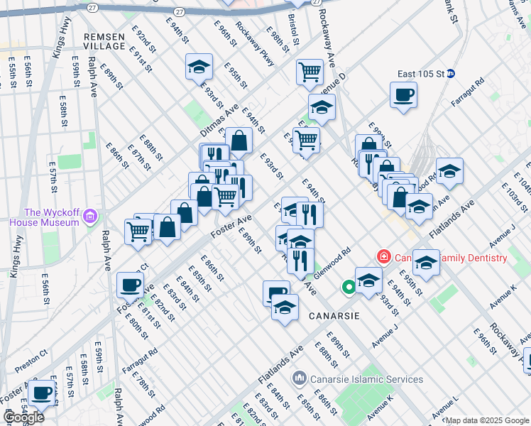 map of restaurants, bars, coffee shops, grocery stores, and more near 9206 Foster Avenue in Brooklyn