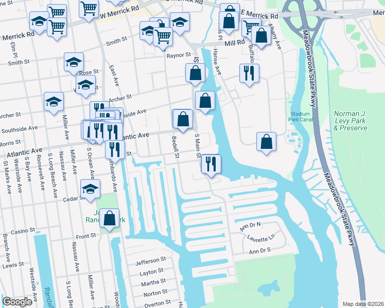 map of restaurants, bars, coffee shops, grocery stores, and more near 26 Ray Street in Freeport
