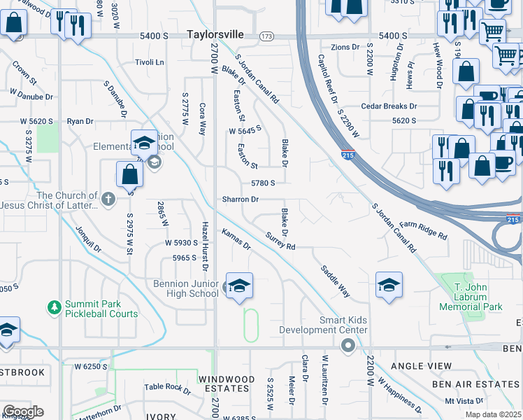 map of restaurants, bars, coffee shops, grocery stores, and more near 2540 West 5860 South in Salt Lake City
