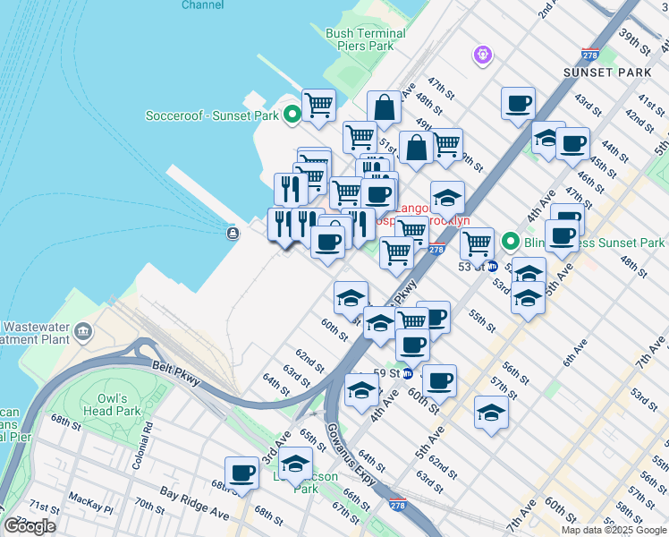 map of restaurants, bars, coffee shops, grocery stores, and more near 5718 2nd Avenue in Brooklyn