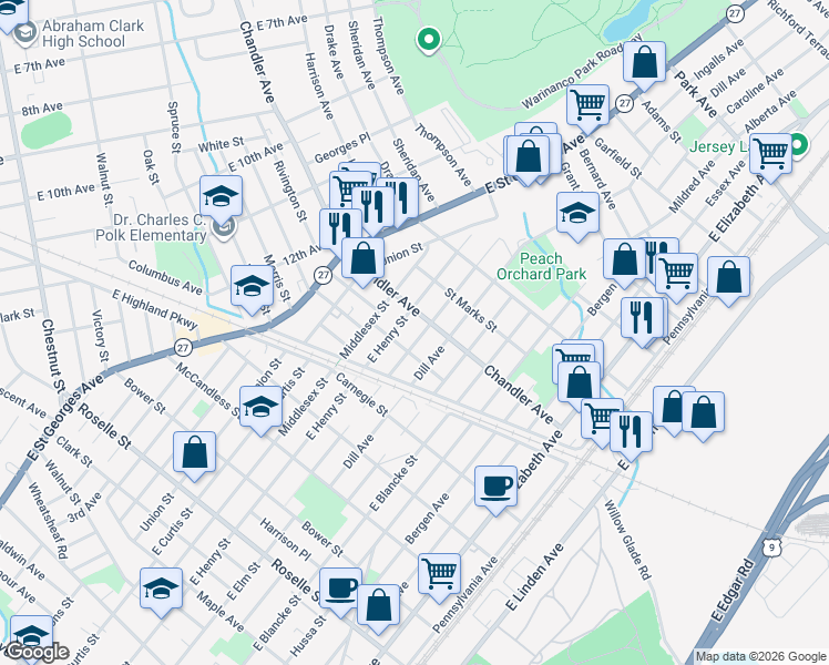 map of restaurants, bars, coffee shops, grocery stores, and more near 804 Chandler Avenue in Linden