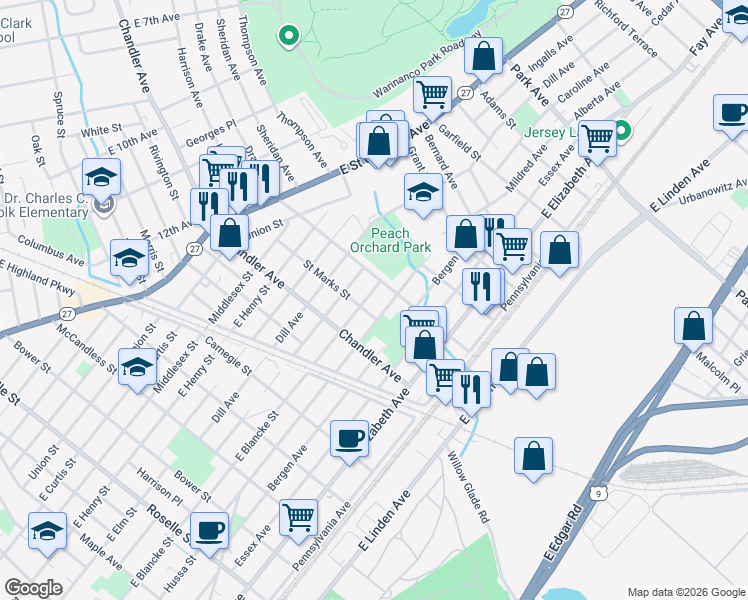 map of restaurants, bars, coffee shops, grocery stores, and more near 506 Cranford Avenue in Linden