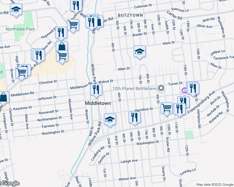 map of restaurants, bars, coffee shops, grocery stores, and more near 2025 4th Street in Bethlehem