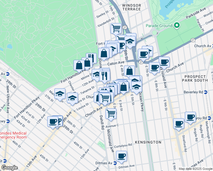 map of restaurants, bars, coffee shops, grocery stores, and more near 102 Albemarle Road in Brooklyn
