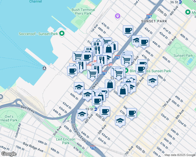map of restaurants, bars, coffee shops, grocery stores, and more near 3rd Avenue & 55th Street in Brooklyn