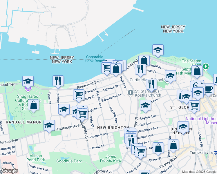 map of restaurants, bars, coffee shops, grocery stores, and more near 562 Richmond Terrace in Staten Island