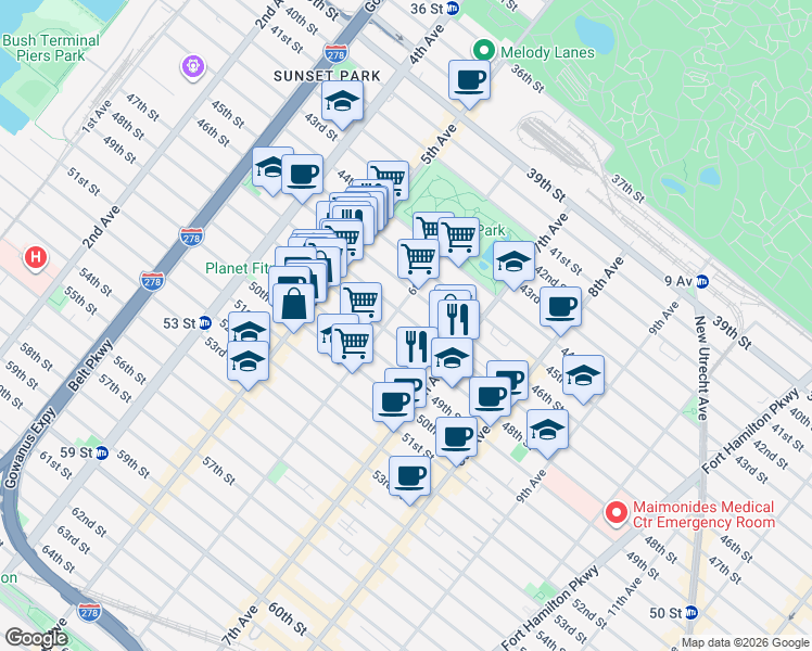 map of restaurants, bars, coffee shops, grocery stores, and more near 614 46th Street in Brooklyn