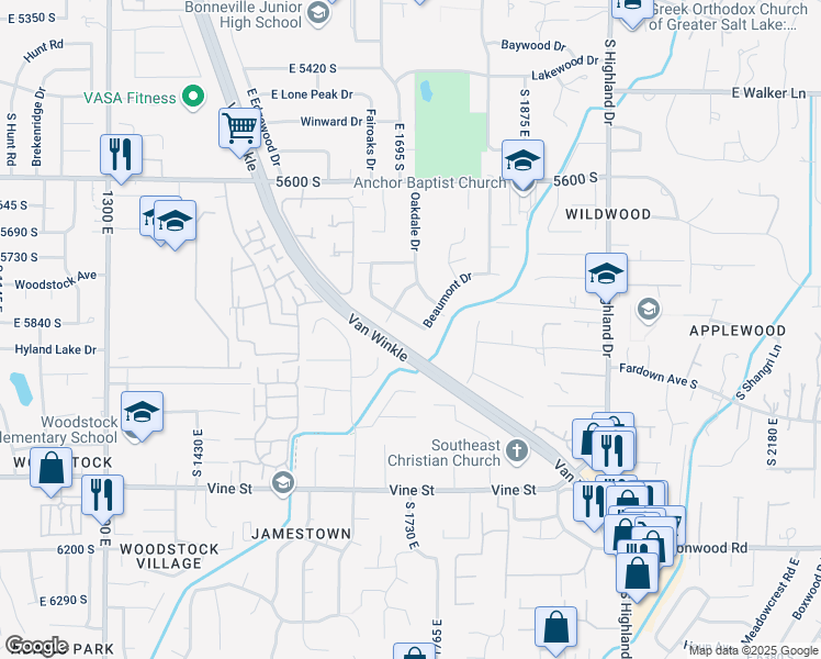 map of restaurants, bars, coffee shops, grocery stores, and more near 5795 South Conway Road in Holladay