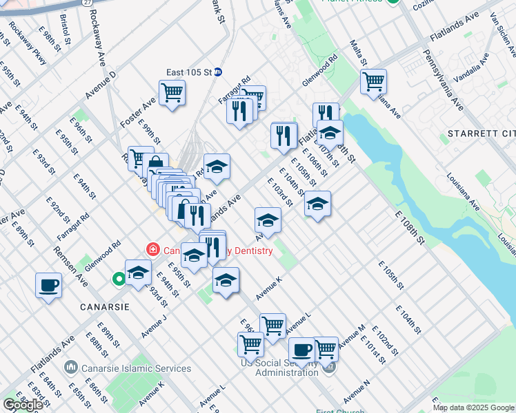 map of restaurants, bars, coffee shops, grocery stores, and more near 935 East 102nd Street in Brooklyn