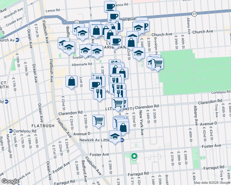 map of restaurants, bars, coffee shops, grocery stores, and more near 159 East 29th Street in Brooklyn