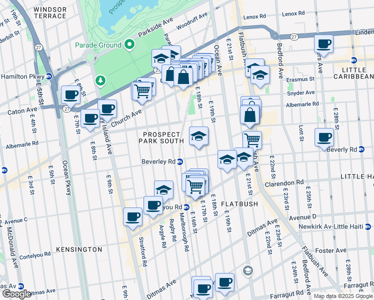 map of restaurants, bars, coffee shops, grocery stores, and more near 222 East 17th Street in Brooklyn