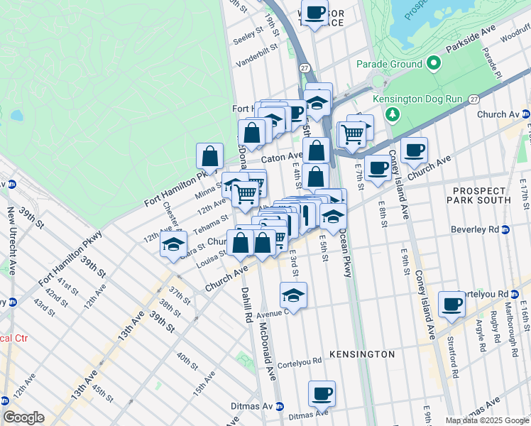 map of restaurants, bars, coffee shops, grocery stores, and more near 205 Albemarle Road in Brooklyn