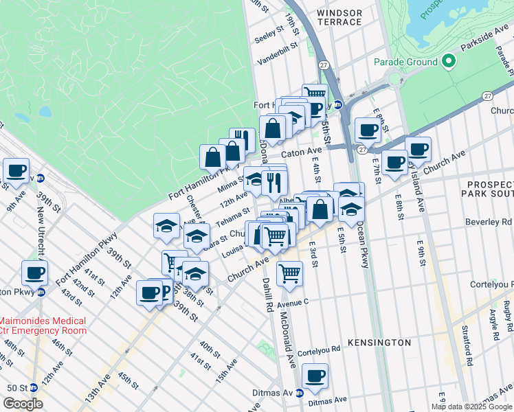 map of restaurants, bars, coffee shops, grocery stores, and more near 1725 12th Avenue in Brooklyn