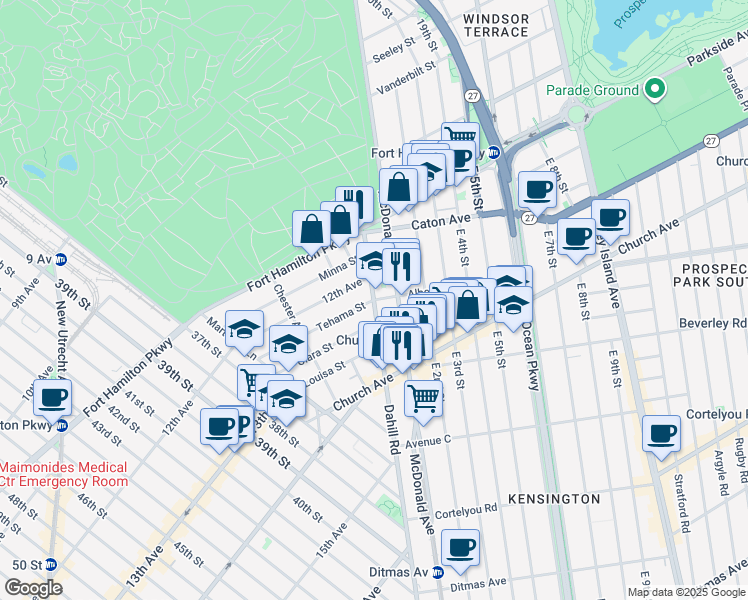 map of restaurants, bars, coffee shops, grocery stores, and more near 1725 12th Avenue in Brooklyn