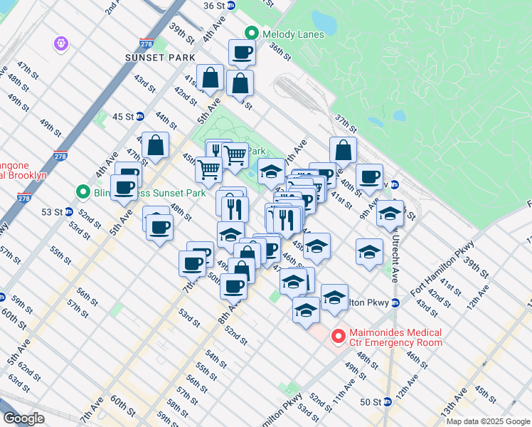 map of restaurants, bars, coffee shops, grocery stores, and more near 4401 7th Avenue in Brooklyn