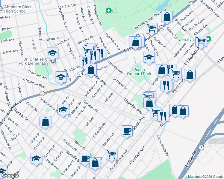 map of restaurants, bars, coffee shops, grocery stores, and more near 804 Chandler Avenue in Linden