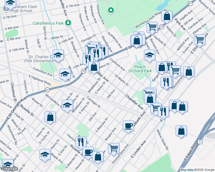 map of restaurants, bars, coffee shops, grocery stores, and more near 804 Chandler Avenue in Linden