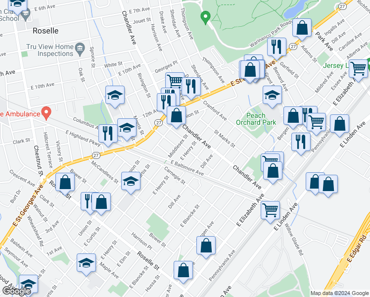 map of restaurants, bars, coffee shops, grocery stores, and more near 1160 Middlesex Street in Linden