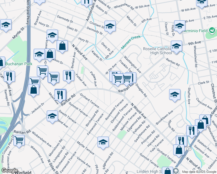 map of restaurants, bars, coffee shops, grocery stores, and more near 2517 North Wood Avenue in Linden